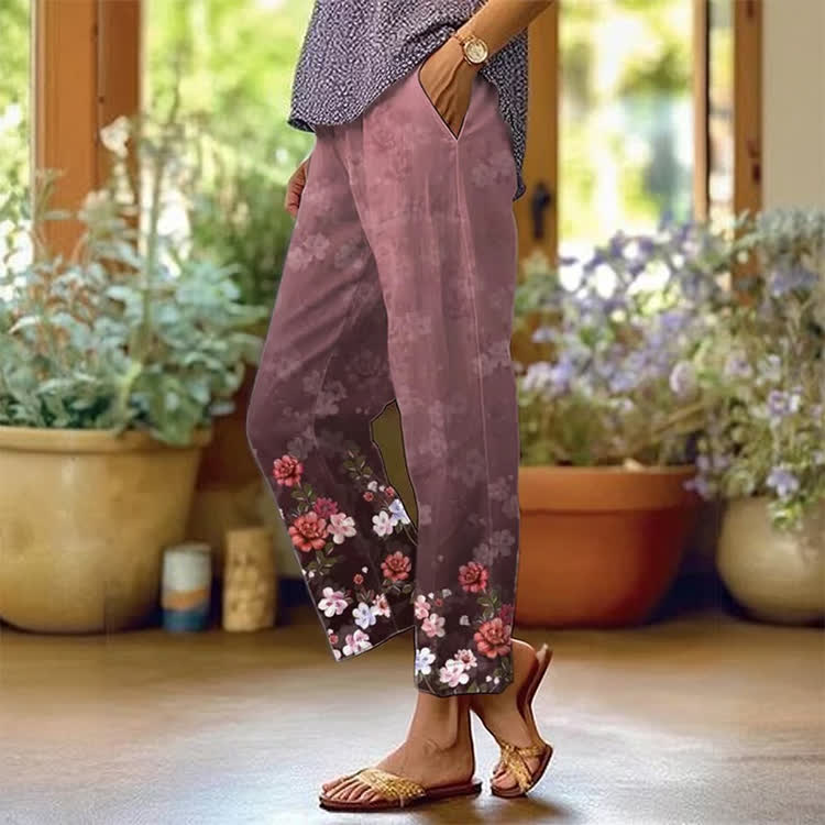Floral Gradient Silhouette Pattern Print Casual Pocket Pants  - Wine - US 20 (5XL) - image 1
