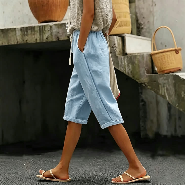 Elegant Solid Casual Pocket Mid Short Pants  - Light Blue - US 20 (5XL) - image 3