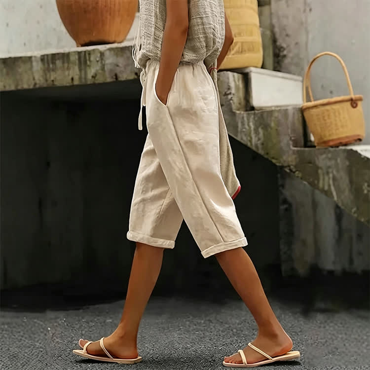 Elegant Solid Casual Pocket Mid Short Pants  - Apricot - US 20 (5XL) - image 2