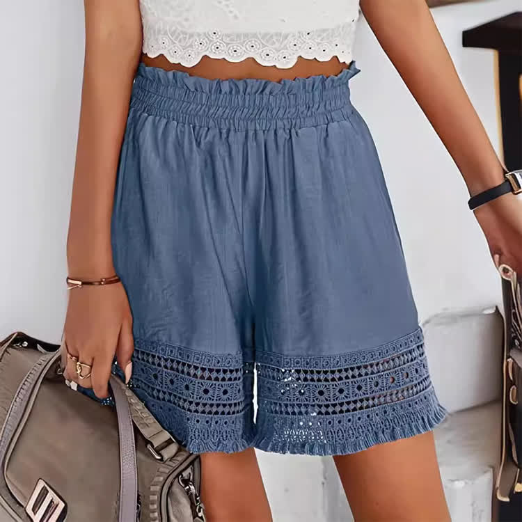Boho Solid Lace Pocket Short Pants  - Blue - 2XL - image 1
