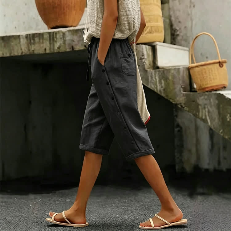Cozy Solid Button Pocket Mid Short Pants  - Black - 2XL - image 2