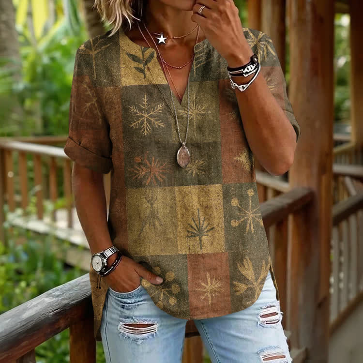 Boho Tribe Patterns Print Short Sleeve Casual Blouse - Brown - 5XL - image 1