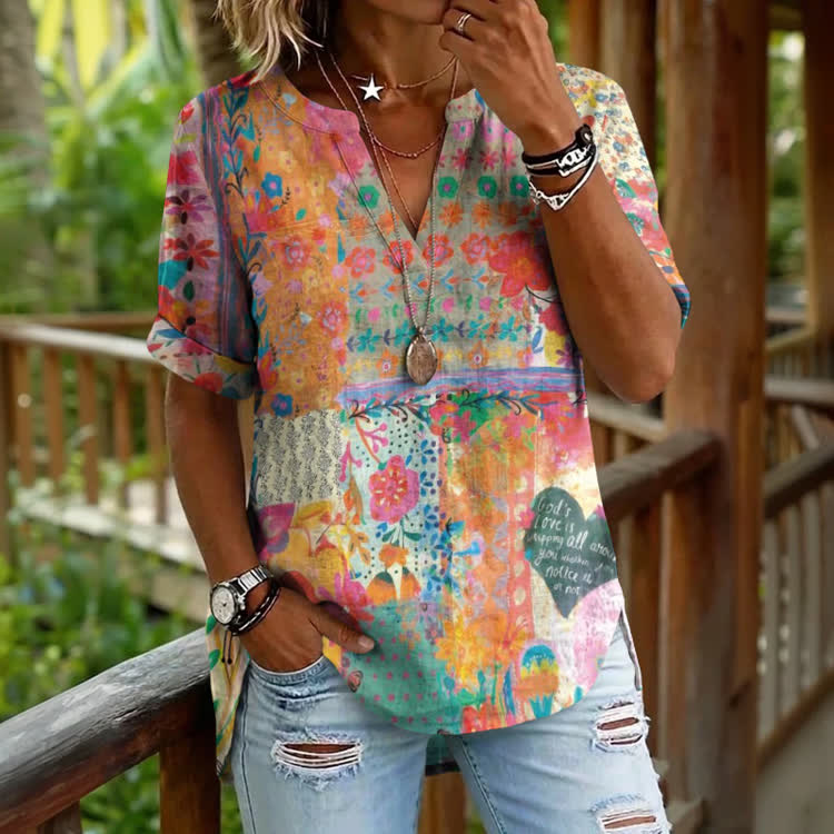 Hippie Colorful Graffiti Pattern Print Short Sleeve Casual Blouse - Orange - 5XL - image 1