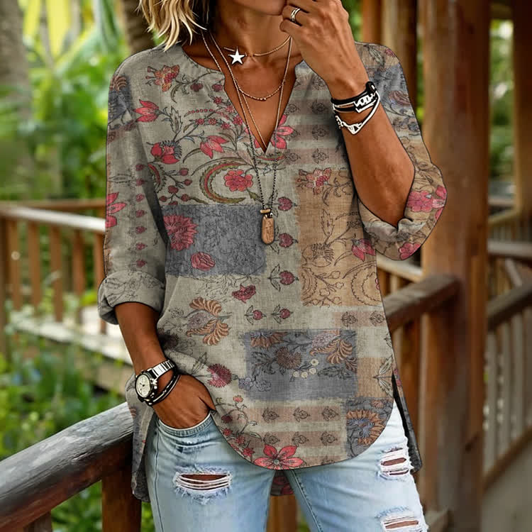 Boho Tribal Color Blocks Patterns Print Long Sleeve Casual Blouse - Grey - US 30 (8XL) - image 1