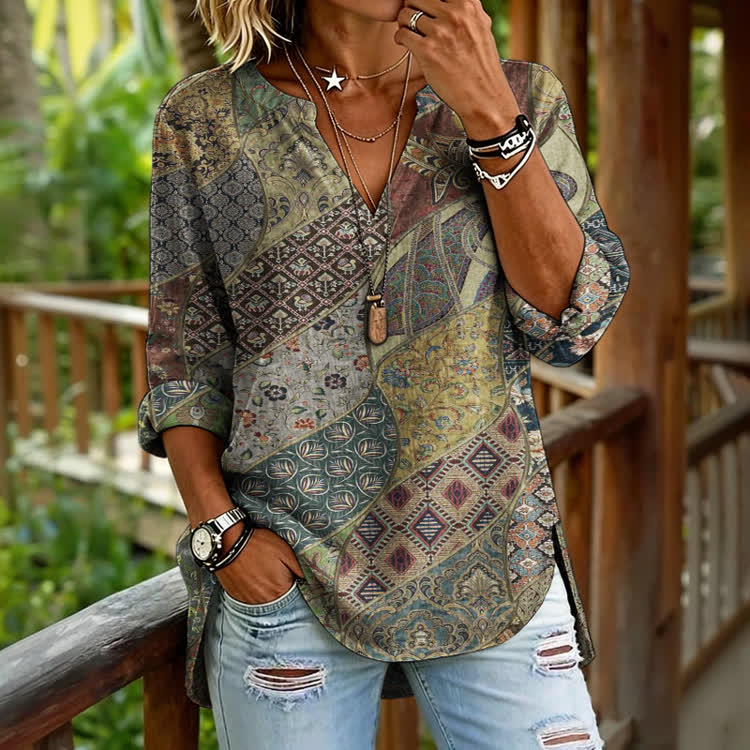 Boho Ethnic Geometric Patchwork Patterns Print Long Sleeve Casual Blouse - Grey - US 30 (8XL) - image 1