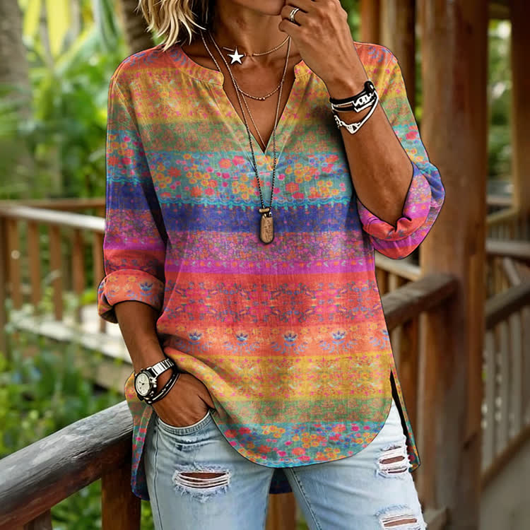Boho Ethnic Striped Gradient Patterns Print Long Sleeve Casual Blouse - Pink - US 30 (8XL) - image 1