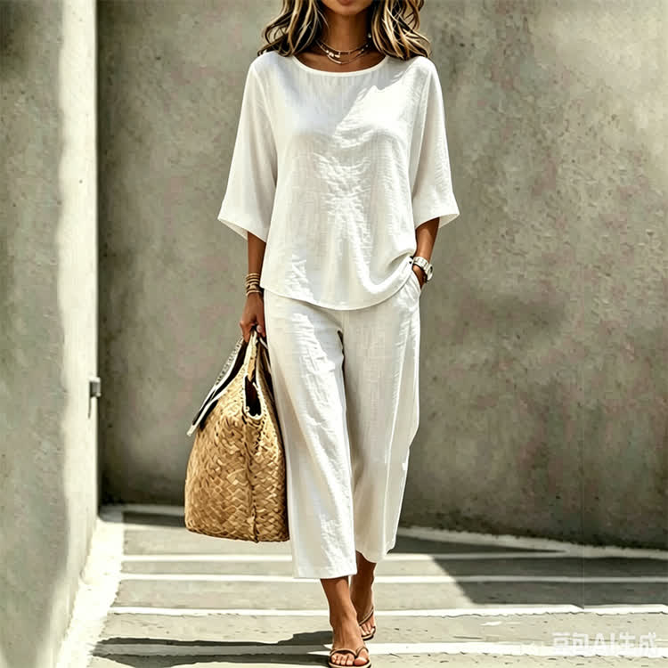 Elegant Solid Print 3/4 Sleeve Casual Blouse & Casual Pocket Pants Set - White - 4XL - image 3