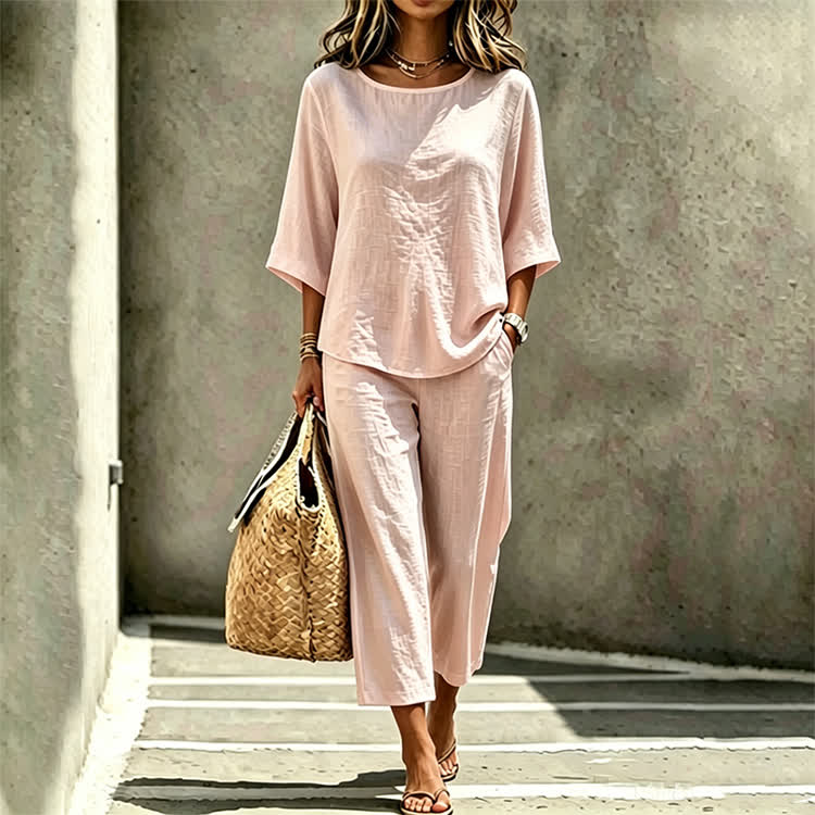 Elegant Solid Print 3/4 Sleeve Casual Blouse & Casual Pocket Pants Set - Pink - 4XL - image 4