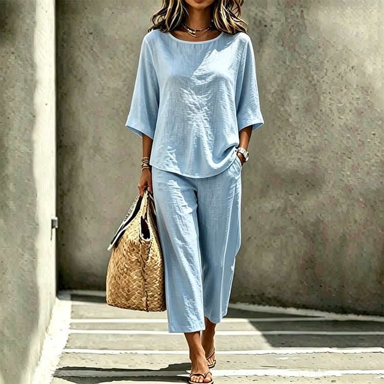 Elegant Solid Print 3/4 Sleeve Casual Blouse & Casual Pocket Pants Set - Light Blue - 4XL - image 1
