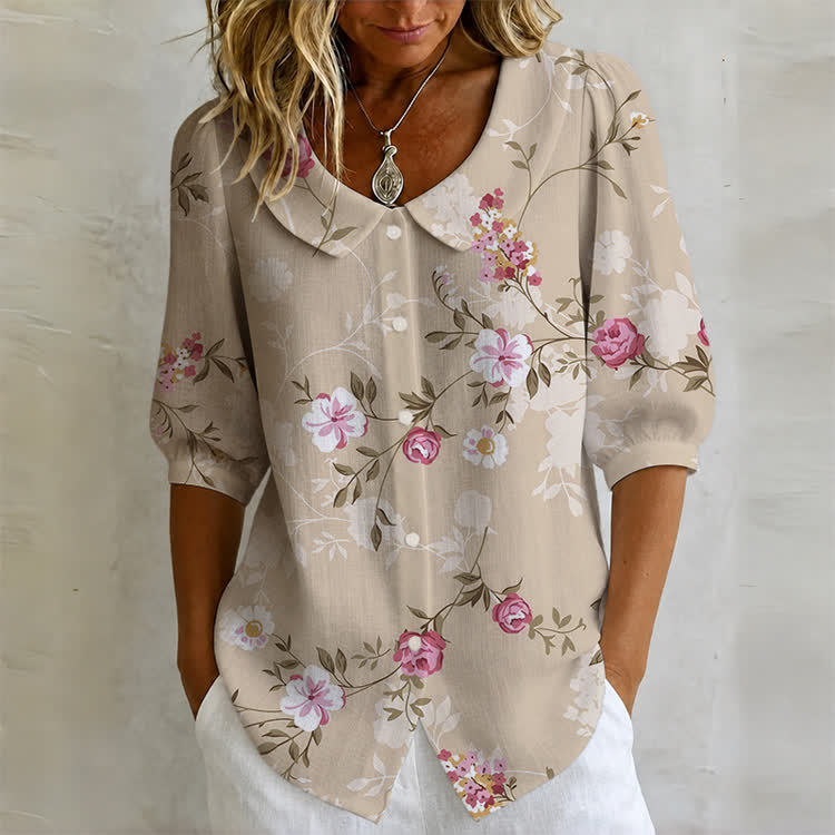 Pink Rose Print Button-up Half-sleeve Blouse - Apricot - US32-34(5XL) - image 1