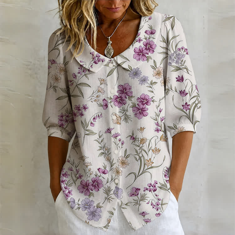 Purple Wildflower Print Button-up Half-sleeve Blouse - Beige - US32-34(5XL) - image 1