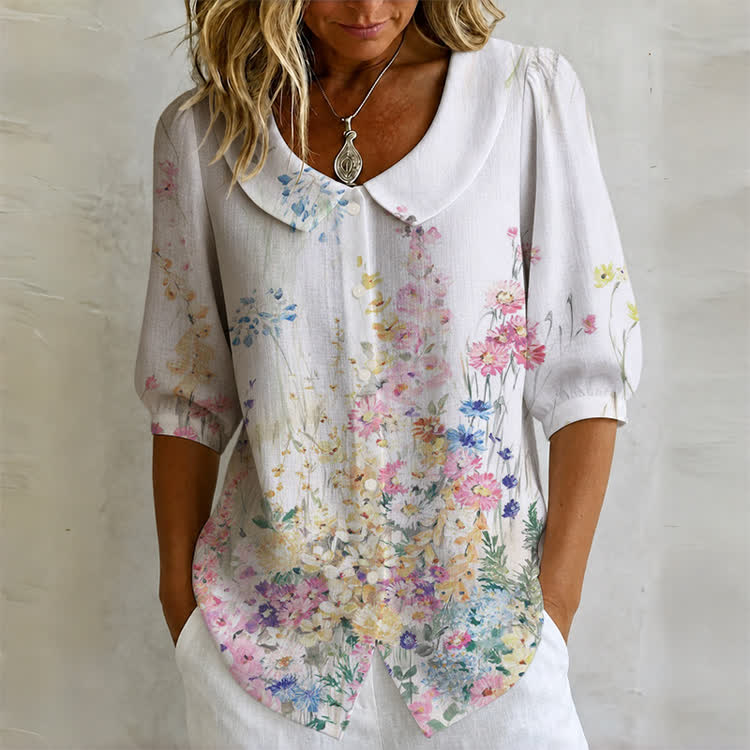 Multicolor Floral Garden Print Button-up Half-sleeve Blouse - White - US32-34(5XL) - image 1