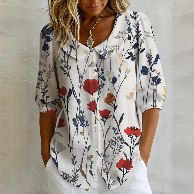 Red & Blue Wildflower Print Button-up Half-sleeve Blouse - Beige - US32-34(5XL) - image 1