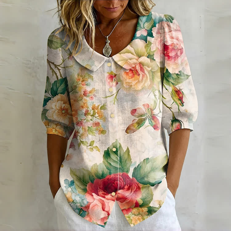 Watercolor Peony Floral Print Button-up Half-sleeve Blouse - Apricot - US32-34(5XL) - image 1
