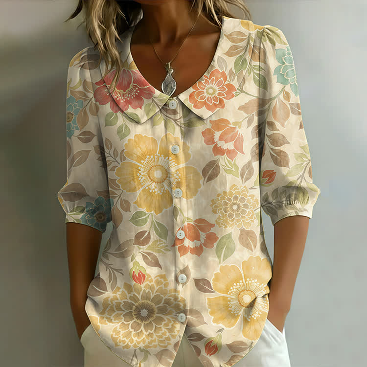 Retro Botanical Floral Print Button-up Half-sleeve Blouse - Apricot - US32-34(5XL) - image 1