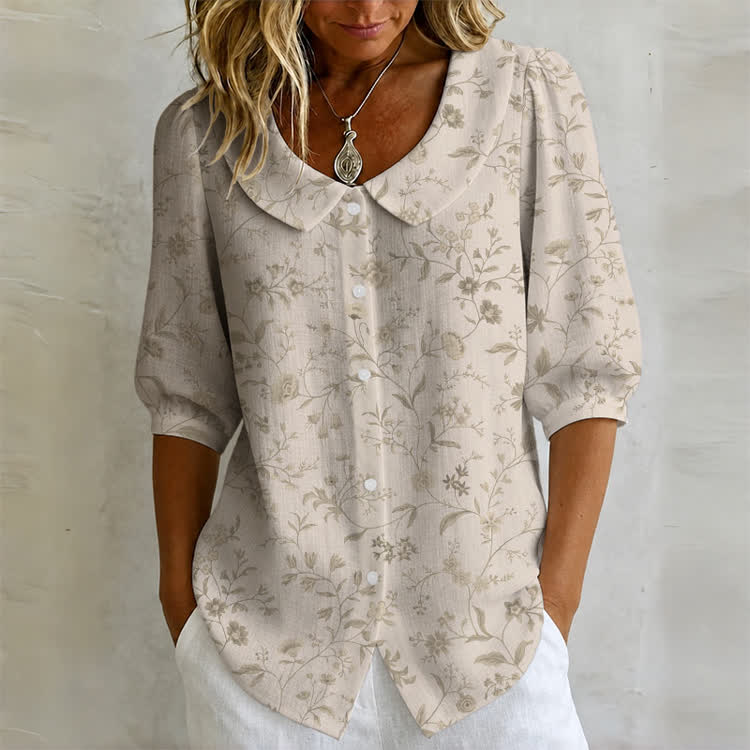 Elegant Retro Light Floral Jacquard Print Button-up Half-sleeve Peter Pan Collar Blouse - Apricot - US32-34(5XL) - image 1