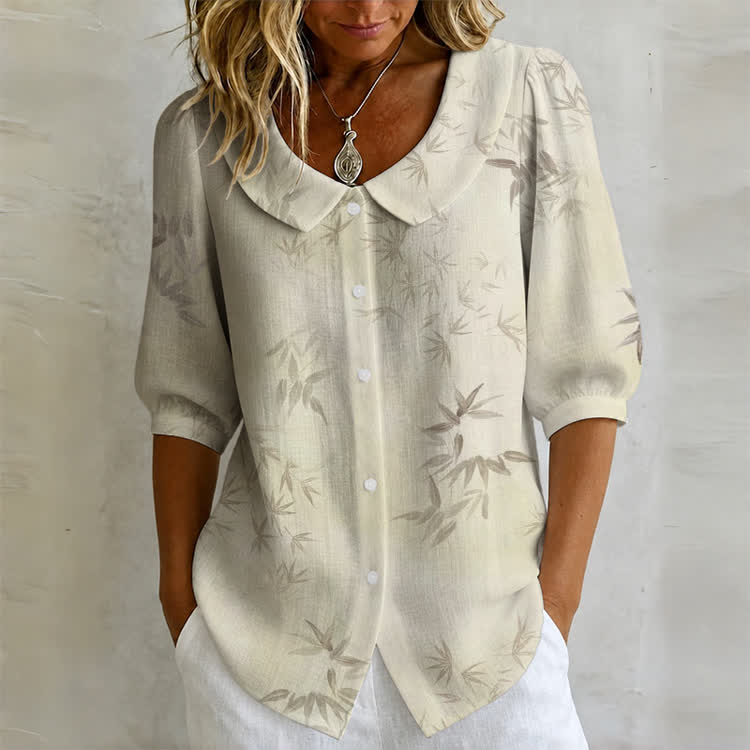 Retro Natural Bamboo Leaves Print Button-up Half-sleeve Peter Pan Collar Blouse - Apricot - US32-34(5XL) - image 1