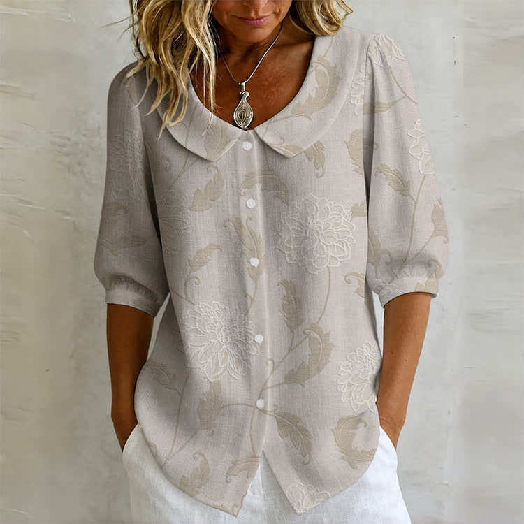 Retro Floral Silhouette Jacquard Print Button-up Half-sleeve Peter Pan Collar Blouse - Apricot - US32-34(5XL) - image 1
