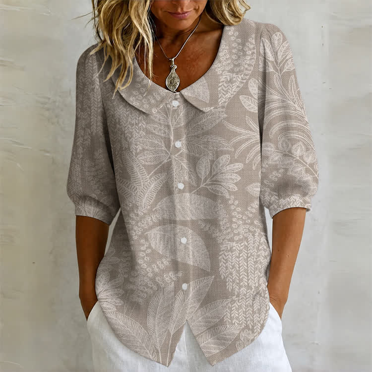 Elegant Plant Silhouettes Print Button-up Half-sleeve Peter Pan Collar Blouse - Khaki - US32-34(5XL) - image 1