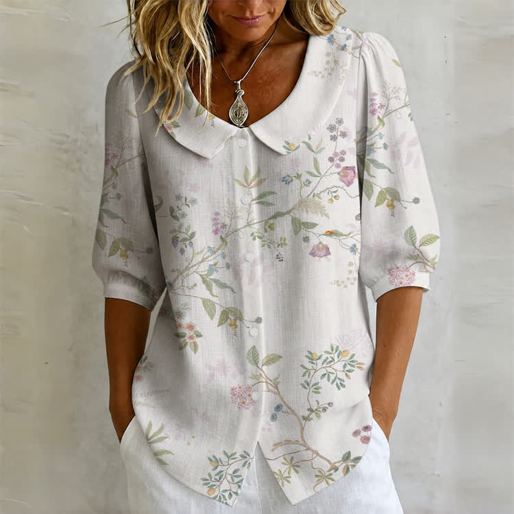 Springtime: Flowers And Birds Print Button-up Half-sleeve Peter Pan Collar Blouse - Light Pink - US32-34(5XL) - image 1