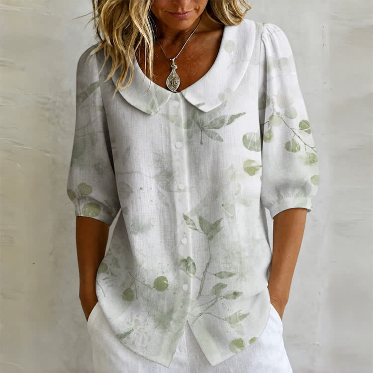 Vintage Natural Leaves Pattern Print Button-up Half-sleeve Peter Pan Collar Blouse - White - US32-34(5XL) - image 1
