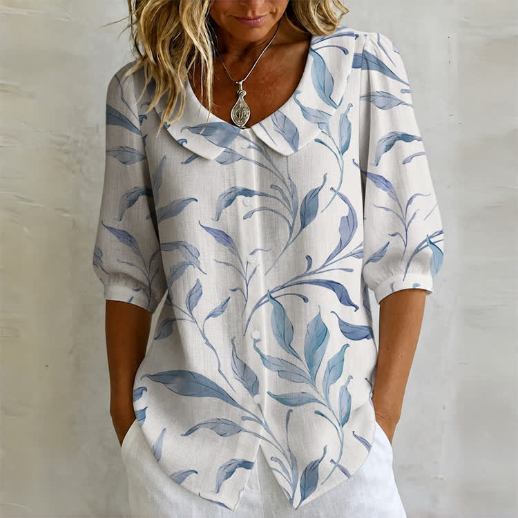 Elegant Watercolor Leaves Print Button-up Half-sleeve Peter Pan Collar Blouse - White - US32-34(5XL) - image 1