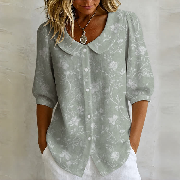 Elegant Floral Jacquard Silhouette Print Button-up Half-sleeve Peter Pan Collar Blouse - Light Green - US32-34(5XL) - image 1
