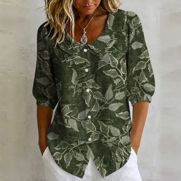 Retro Leaves And Polka Dot Pattern Print Button-up Half-sleeve Peter Pan Collar Blouse - Green - US32-34(5XL) - image 1