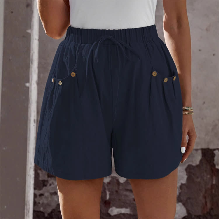 Cozy Solid Buttons Drawstring Ruched Large Pockets Short Pants  - Navy Blue - 2XL - image 3