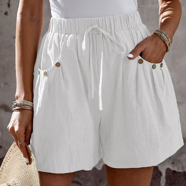 Cozy Solid Buttons Drawstring Ruched Large Pockets Short Pants  - White - 2XL - image 1
