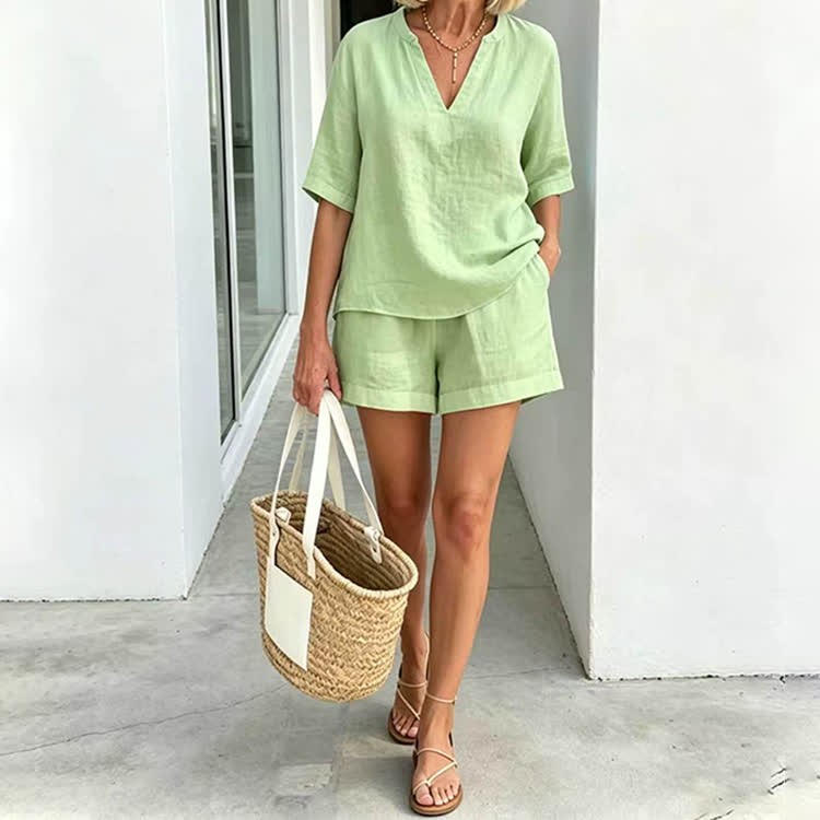 Cozy Solid Notched collar Short Sleeves Blouse & Short Set - Light Green - 3XL - image 7