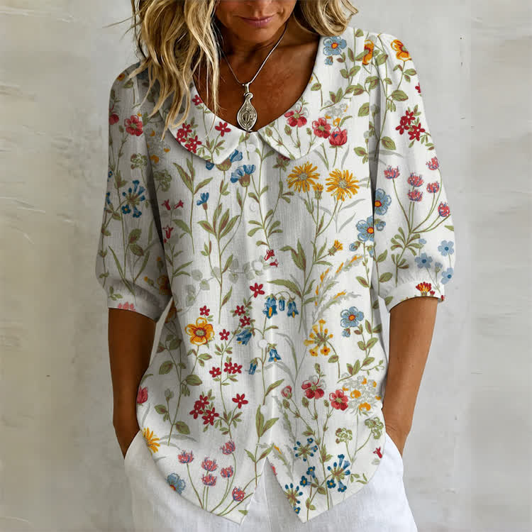 Pastoral Watercolor Flowers And Plants Print Button-up Half-sleeve Peter Pan Collar Blouse - Olive Green - US32-34(5XL) - image 2
