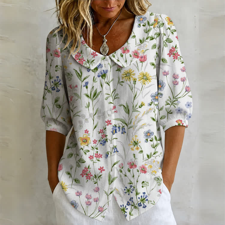Pastoral Watercolor Flowers And Plants Print Button-up Half-sleeve Peter Pan Collar Blouse - White - US32-34(5XL) - image 1