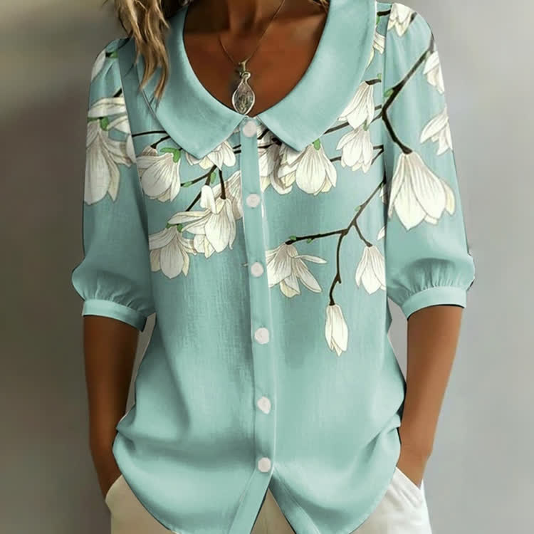 Mint Green White Floral Print Button-up Half-sleeve Blouse - Green - US32-34(5XL) - image 1