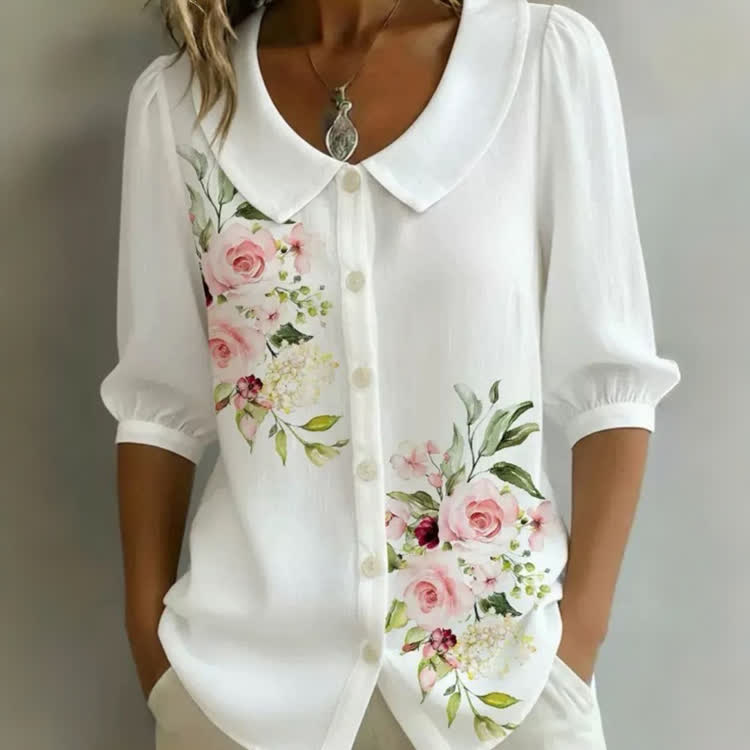 Pink Rose Watercolor Print Button-up Half-sleeve Blouse - White - US32-34(5XL) - image 1