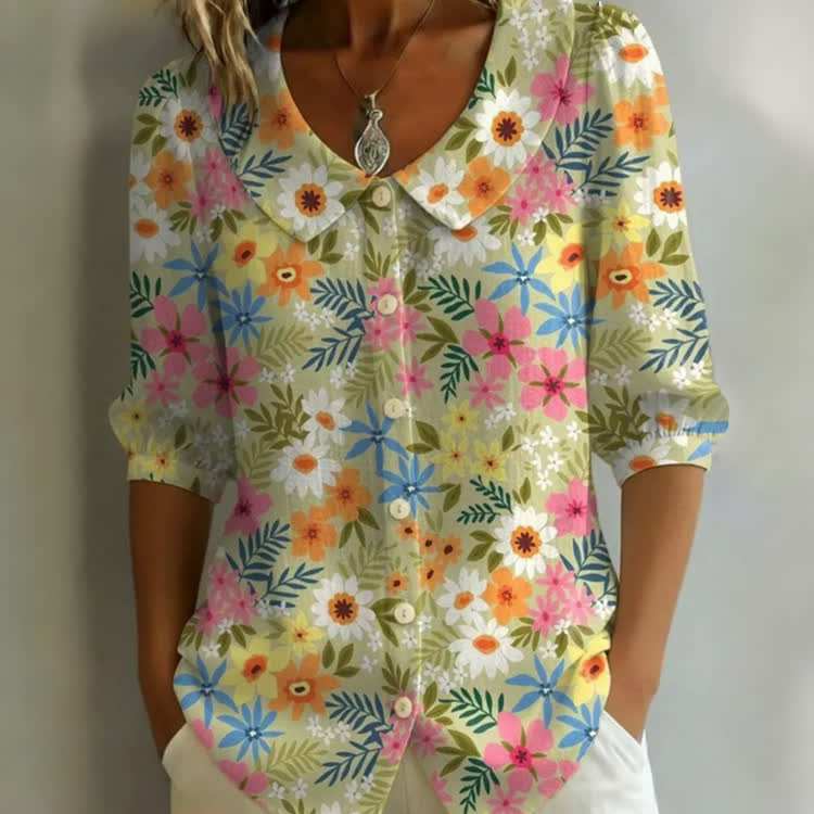 Multicolor Daisy & Wildflower Print Button-up Half-sleeve Blouse - Green - US32-34(5XL) - image 1