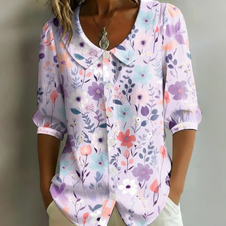 Cottagecore Floral Print Button-up Half-sleeve Blouse - Purple - US32-34(5XL) - image 1