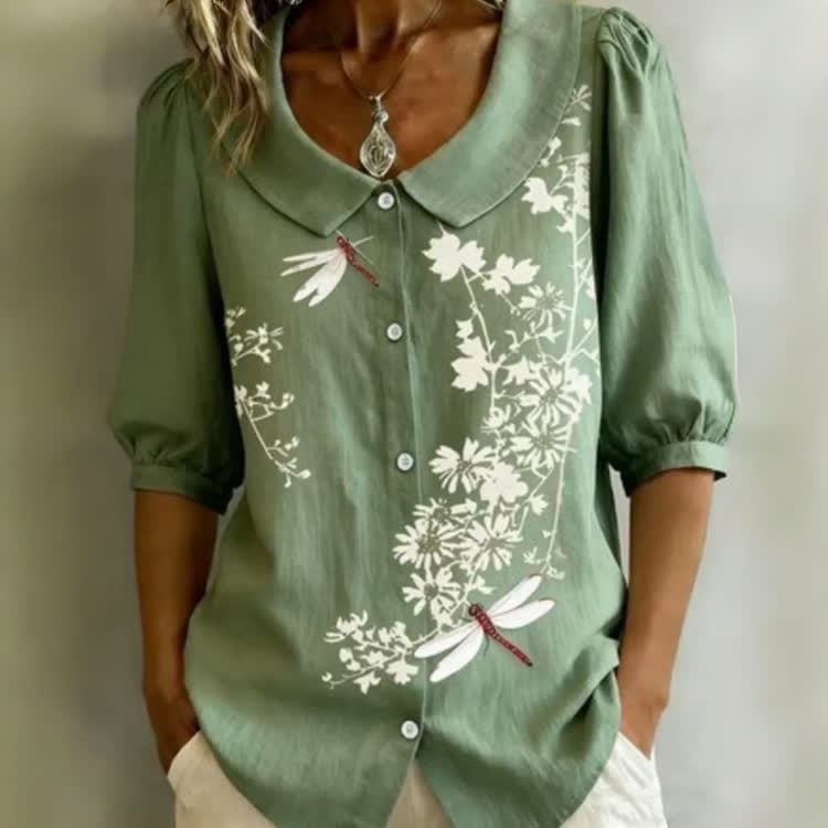 Sage Green Dragonfly & Floral Print Button-up Half-sleeve Blouse - Green - US32-34(5XL) - image 1
