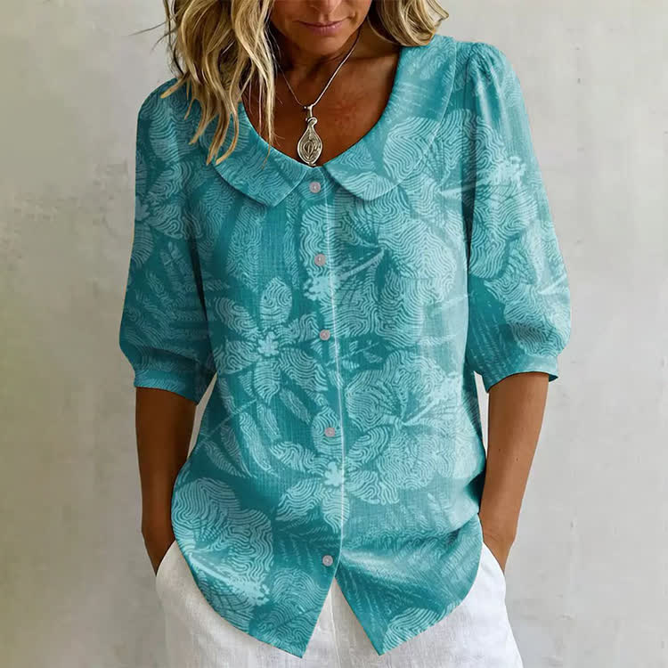 Breezy Summer Botanical Print Button-up Half-sleeve Blouse - Lake Blue - US32-34(5XL) - image 1
