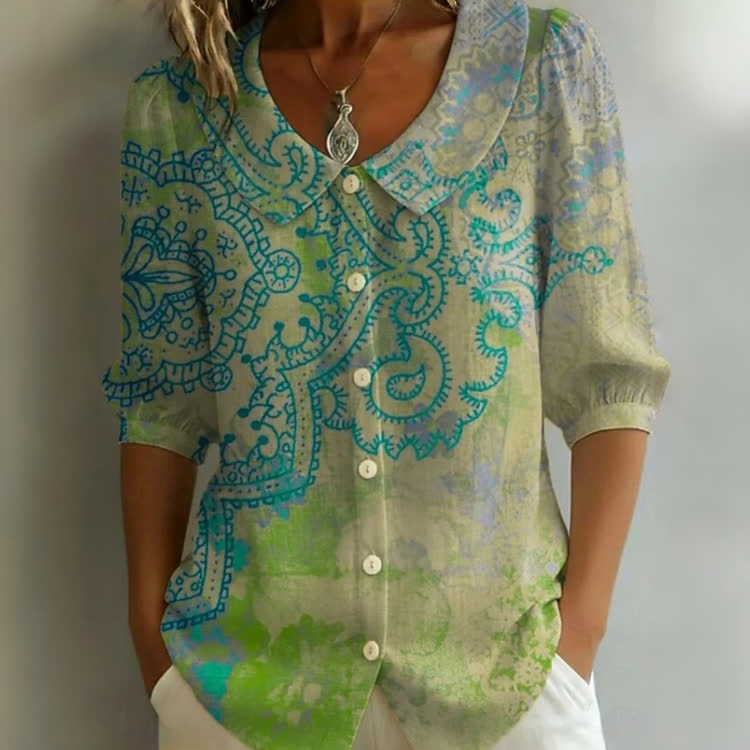 Boho Paisley Print Button-up Half-sleeve Blouse - Green - US32-34(5XL) - image 1
