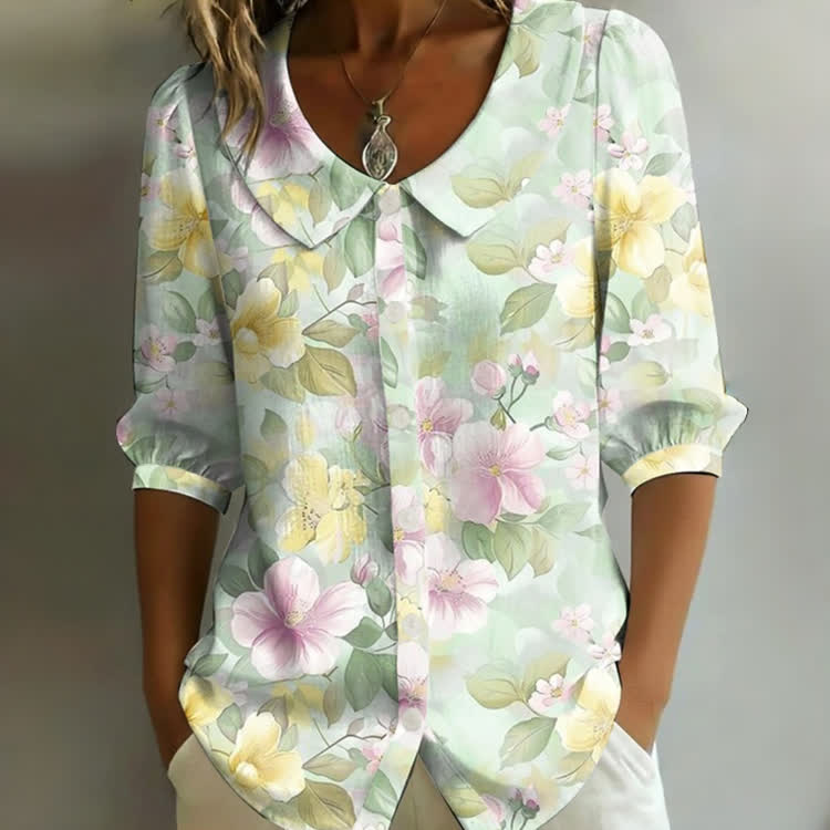 Elegant Blossom Print Button-up Half-sleeve Blouse - Light Green - US32-34(5XL) - image 1