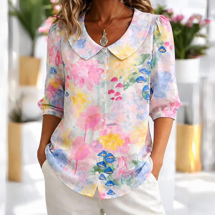 Dreamy Spring Floral Print Button-up Half-sleeve Blouse - Pink - US32-34(5XL) - image 1