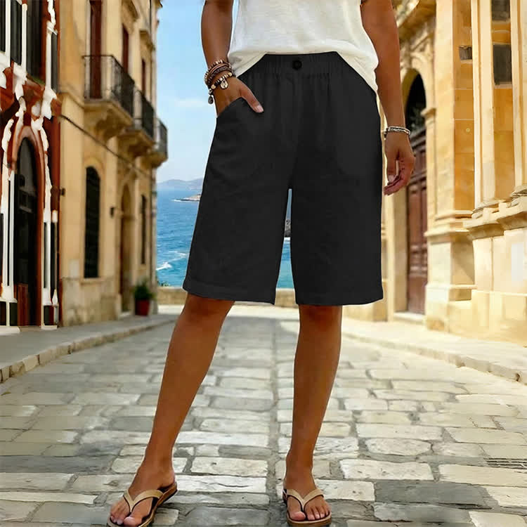 Casual Solid Pocket Mid Short Pants - Black - 3XL - image 1