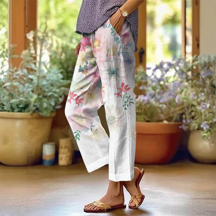 Watercolor Floral Cluster Pattern Print Casual Pocket Pants  - White - US 20 (5XL) - image 1