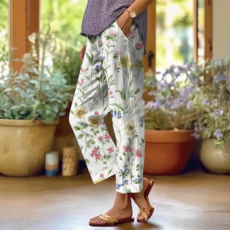 Pastoral Watercolor Flowers And Plants Pattern Print Casual Pocket Pants  - White - US 20 (5XL) - image 1