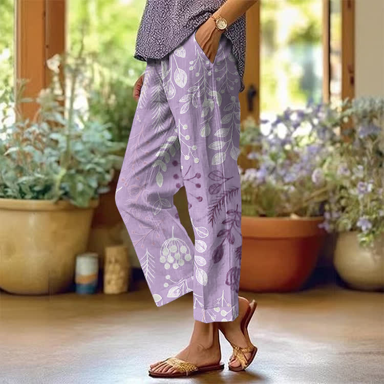 Floral Silhouette Gradient Pattern Print Casual Pocket Pants  - Light Purple - US 20 (5XL) - image 1