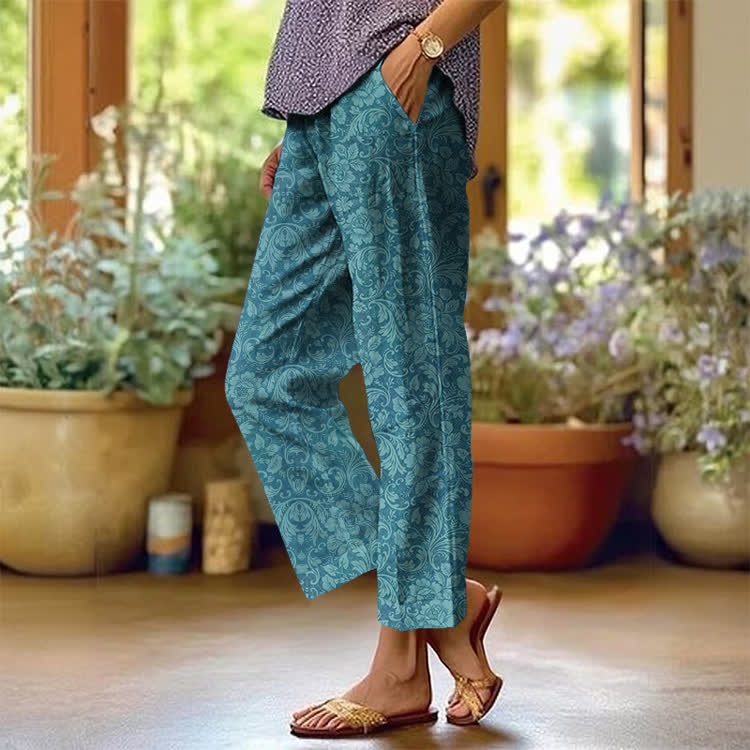 Teal Damask Pattern Print Casual Pocket Pants  - Lake Blue - US 20 (5XL) - image 1