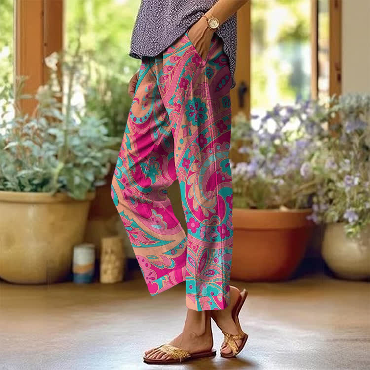  Southwestern Bright Paisley Pattern Print Casual Pocket Pants  - Rose - US 20 (5XL) - image 1