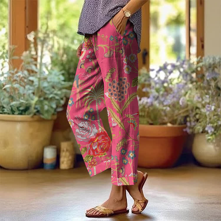 Tropical Floral Pattern Print Casual Pocket Pants  - Pink - US 20 (5XL) - image 1