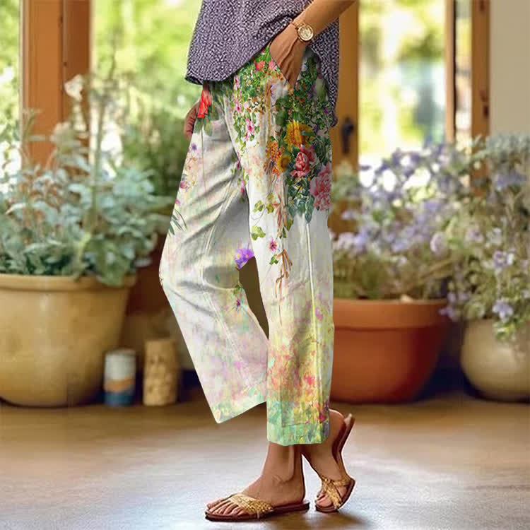  Vintage Oil Painting Floral Vines Pattern Pattern Print Casual Pocket Pants  - White - US 20 (5XL) - image 1